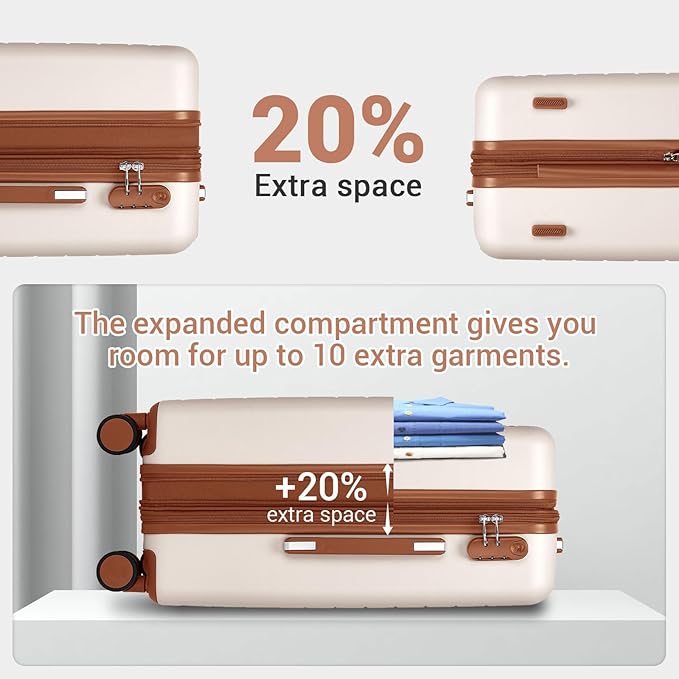 Kono Expandable 20 Inch Carry On Suitcase Airline Approved, Lightweight ABS+PC Hardshell Luggage with 360° Silent Spinner Wheels, Cream/Brown