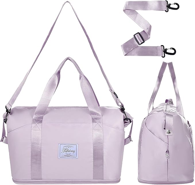Large Shoulder Weekender Overnight Duffel Bag - Carry On with Wet Pocket, Waterproof Expandable Duffel Bag with Trolley Sleeve, Sports Tote Gym Bag for Women, Purple