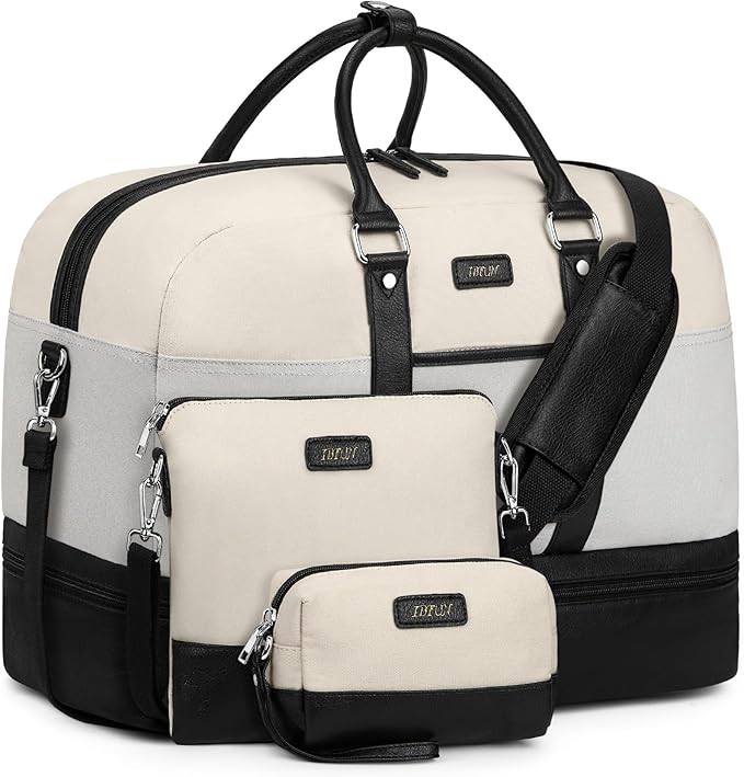 Weekender Bag for Women, Large Overnight Bag Canvas Travel Duffel Bag Carry On Tote with Shoe Compartment 21" 3Pcs Set