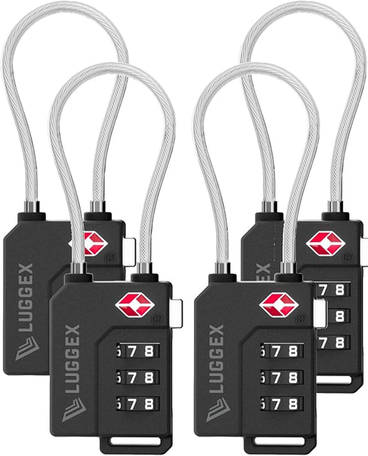 LUGGEX TSA Locks for Luggage, Suitcase Locks TSA Approved, Luggage Locks, Ease of Use & Durable(Silver Cable,4 Pack)