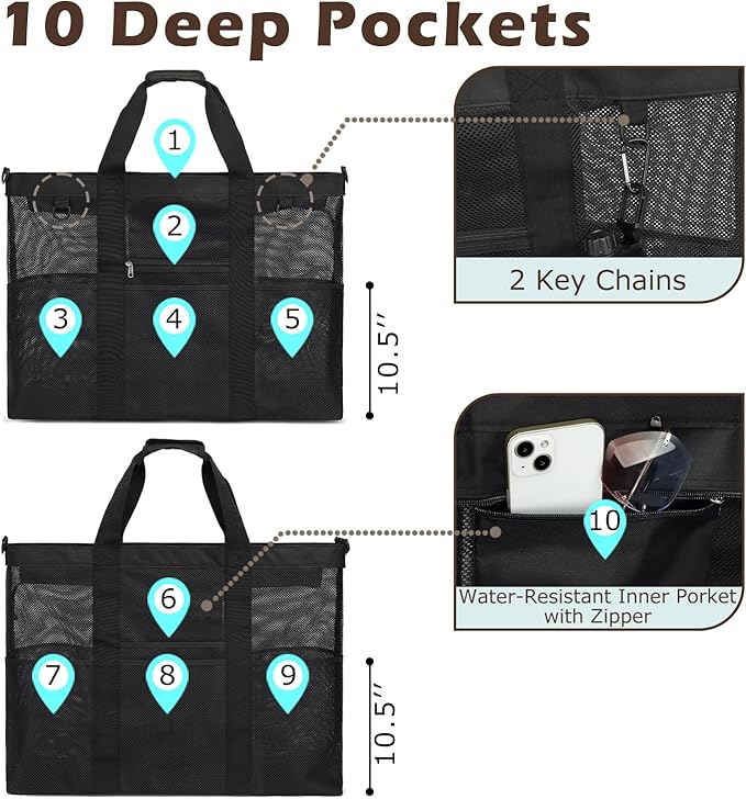 Fammart Mesh Beach Bag, Large Beach Tote with Zipper Pocket, Toys Pool Bag for Family Travel Vacation Cruise Essentials