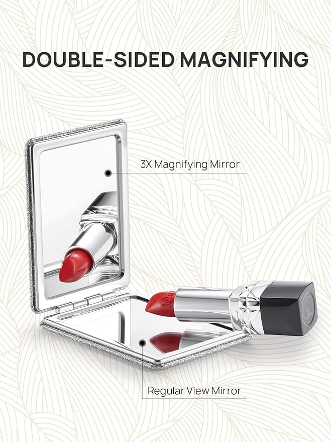 OMIRO Compact Mirror, Glitter PU Leather 1X/3X Magnification, Ultra Portable for Purses, 2.4" W x 3.4" L (Silver)
