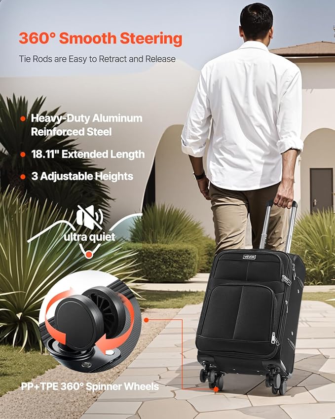 VEVOR Softside Expandable Luggage with Spinner Wheels, 20-Inch Softside Carry on Luggage, Lightweight Checked Suitcase with Expandable Zippered Pocket and TSA Lock, Black