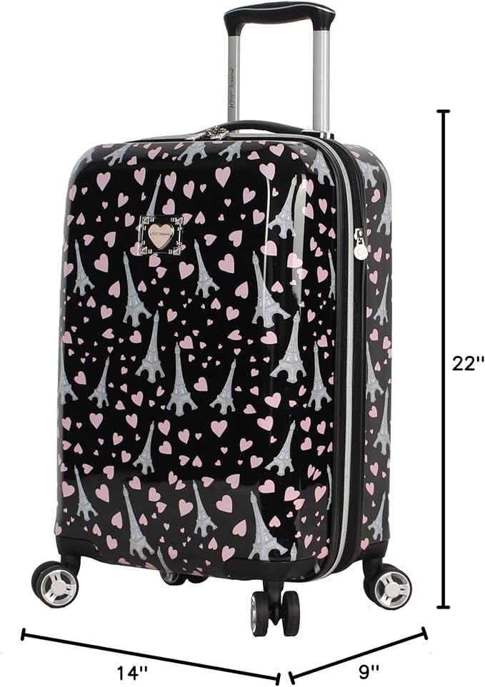 Betsey Johnson Designer 20 Inch Carry On - Expandable (ABS + PC) Hardside Luggage - Lightweight Durable Suitcase With 8-Rolling Spinner Wheels for Women (Paris Love)