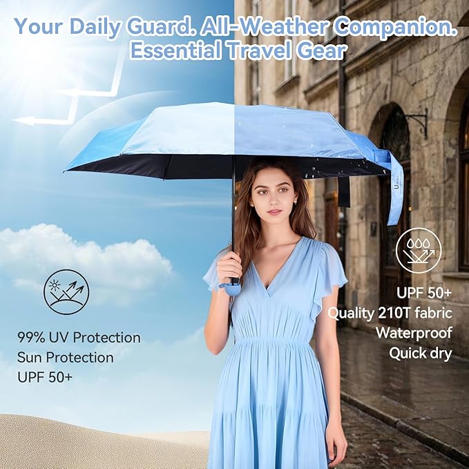 Mini Umbrella for Travel, Compact Folding Umbrella with Case, Lightweight 0.45lb Small Pocket for Backpack and Purse, Rain and Sun Protection - UPF 50+ Windproof Travel Umbrella Compact Mini for Outdoor Use