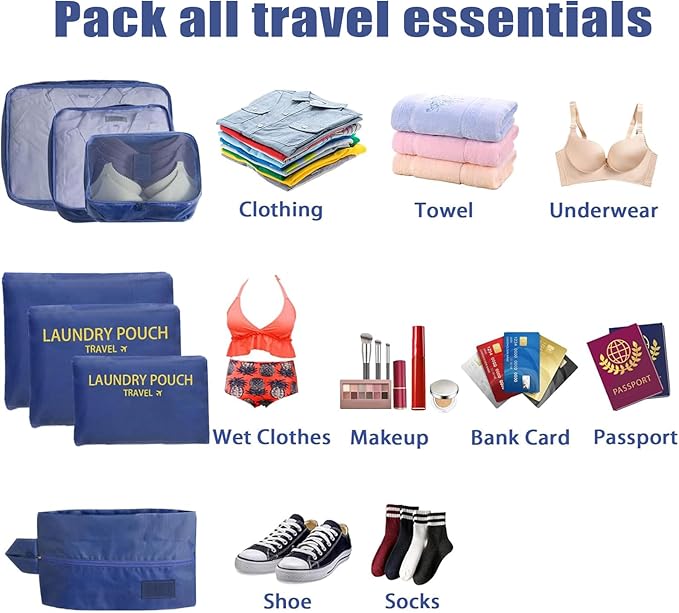INVODA 7 piece Multi-size Packing Cubes for Travel Suitcase Organizer Bags Lightweight Travel Bags (Navy Blue)