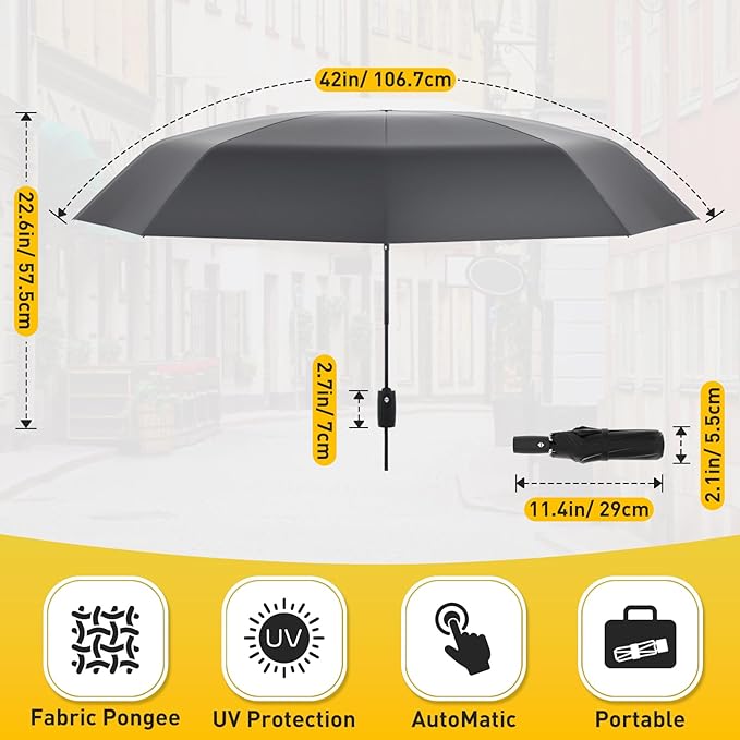 Windproof Travel Umbrella, Compact Umbrella, Car Umbrellas for Rain & Sun, 8 Fiberglass Ribs for Strong UV & Wind Resistance, Portable, Lightweight, Vent, Easy Automatic Open/Close