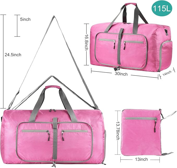 Dimayar Travel Duffle Bag for Men Women - Foldable Duffel Bag with Shoes Compartment - Overnight Bags Waterproof & Tear Resistant(115L,Pink)