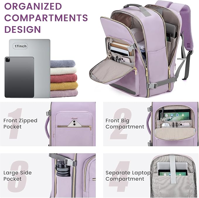 LOVEVOOK 40L Large Travel Backpack for Women Men, 17 Inch Carry on Backpack for Traveling on Airplane, Personal Item Travel Bag Airline Approved, Business Causal Weekender Backpack, Light Purple-Grey