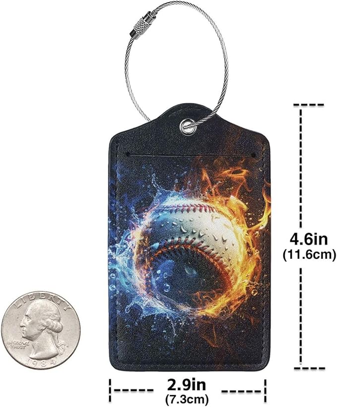 2 Pack Luggage Tags for suitcases Baseball Water Fire TSA Approved Label Luggage Tag Baggage Tag Leather Stainless Steel Loop Label Tag for Men Women Travel Bag Suitcase