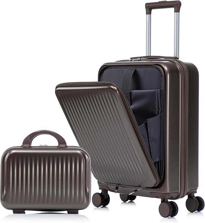 2 Pcs ABS Spinner Luggage Set - 14" Cosmetic Case & 20" Carry-On with Combination Lock, Front Opening Design, Brown