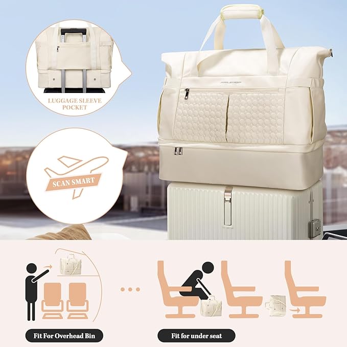 Maelstrom Gym Bag for Women,40L Travel Duffel Bag with Shoes Compartment and Wet Pocket,Waterproof Carry On Weekender Bag,Sport Gym Tote Bags Swimming Yoga, Hospital Holdalls（Beige)