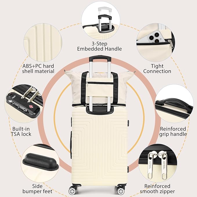Hoteel Luggage Sets 5 Piece ABS+PC Hardside, 4-Year Warranty, Luggage Set with Dual-Spinner Wheels, TSA Lock, Lightweight Carry on Luggage, 20"/24"/28" Suitcase with Duffel & Organizer, Beige