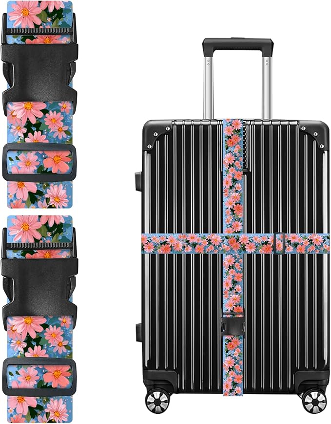 Nuxovilar Luggage Straps of 2 Set Pink Flowers Pattern, 1.96x90.5 inches - Luggage Straps for Suitcases, Fit for Summer Travel, Beach Trips, Daily Use