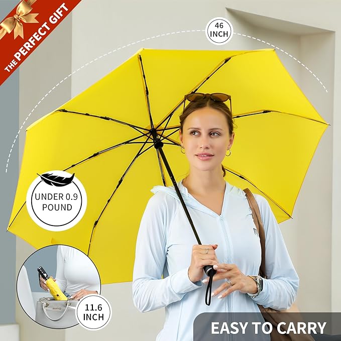 Anntrue Windproof Travel Umbrella, Auto Open Close Lightweight Compact Portable Backpack Folding Umbrella, Perfect for Car, Purse, Men and Women(Yellow)
