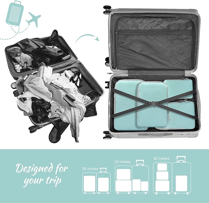 WOOMADA Compression Packing Cubes for Suitcases Travel Essentials 4 Set Expandable Travel Bags Organizer for Luggage(turquoise)
