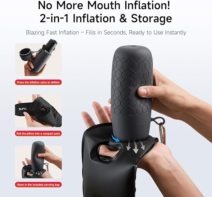SUFU Inflatable Neck Pillow Airplane Travel Essentials Blow up Neck Pillows for air Traveling mini Compact - 10s Quick Inflate, 360° Full Support, Adjustable Firmness, Built-in Storage Bag,Blue