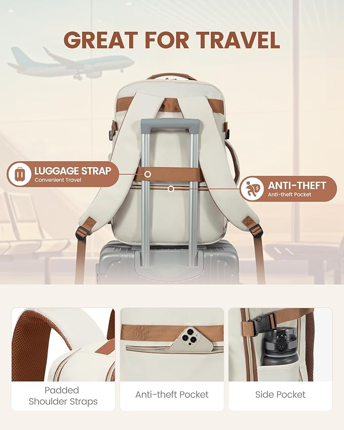 LOVEVOOK Travel Backpack for Women & Men 50L,Airline Approved Carry On Backpack Travel Essentials,TSA Carry on Luggage,Waterproof Personal Item Travel Bag,Suitcase with 3 Packing Cubes, Beige-Brown
