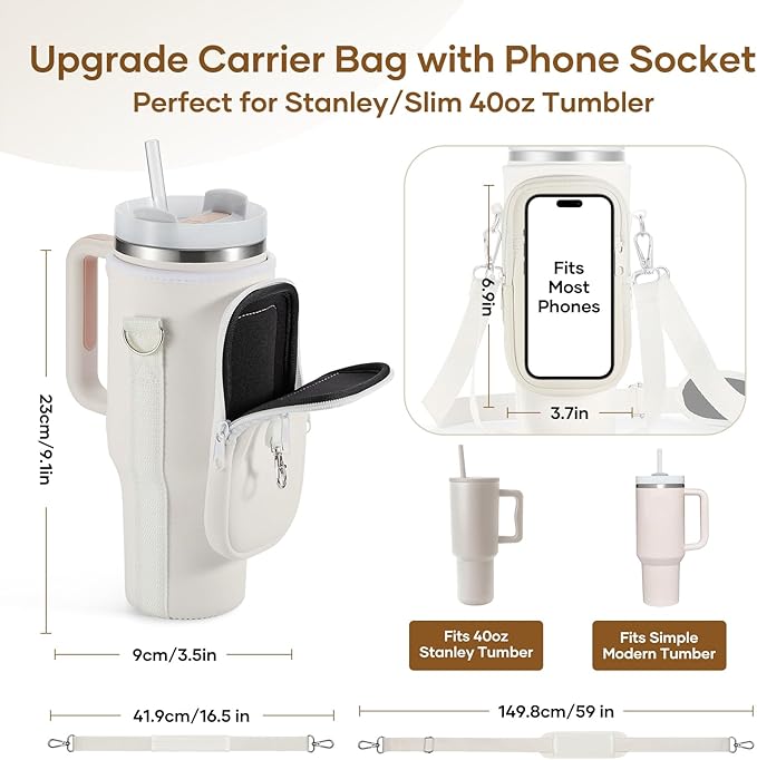 linmaya Water Bottle Carrier Bag for Stanley Cup 40/30oz with Phone Holder Pockets,Neoprene Water Bottle Cross-body Bag with Adjustable Shoulder & Hand Strap Stanley Cup Accessories