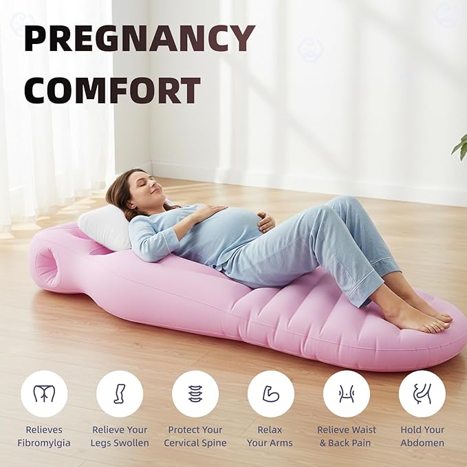Inflatable Pregnancy Pillow, Pregnant Woman's Abdominal Hole Full Body Inflatable Bed Abdominal Mattress, Prone Pregnancy Pillow - Pregnant Woman's Swimming Pool Float (Pink)