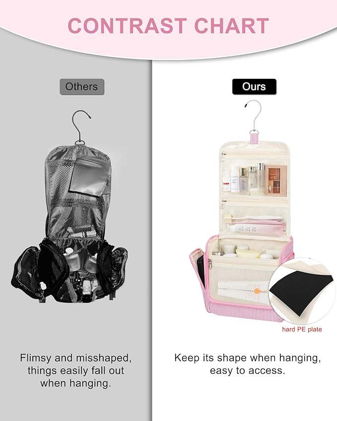 Relavel Hanging Toiletry Bag for Women, Travel Makeup Bag Cosmetic Organizer Toiletries Shower Bag for Travel Essentials, Accessories, Cute Gifts for Girls, Pink