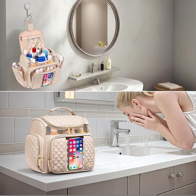 Large Leather Toiletry Bag for Women Men,Bathroom Bag,Water Resistant Shower Bag,Makeup Bag,Portable Shower Caddy for College Dorm,Hanging Travel Toiletry Bag with Transparent Waterproof Phone Pocket