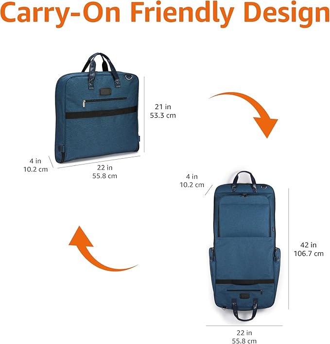 Amazon Basics Carry-On Garment Bag for Travel and Business Trips with Detachable Shoulder Strap, Hanging Suit Luggage, Wrinkle Free Cover for Suits Dresses Coats, Foldable with Shoe Compartment, Navy