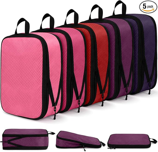 5 Pack Compression Packing Cubes for Travel Space Saving Cubes Luggage Organizer for Suitcase(Purple,M)