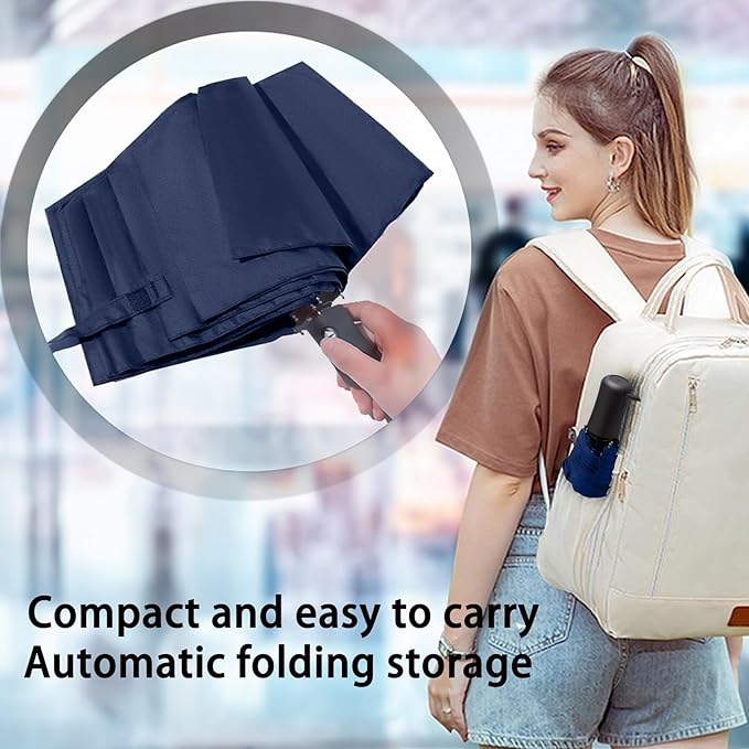SIEPASA Windproof Travel Umbrella - Automatic Compact Folding Umbrella for Rain, Small Portable Windproof Umbrellas for Men Women and Teenagers (Navy Blue)