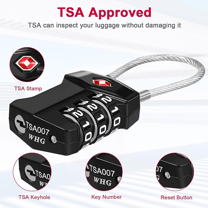 ZHEGE TSA Approved Cable Luggage Lock, Travel Lock, Keyless Padlock with 3 Digit Combination for Suitcase, Backpack, Bag, Toolbox, Gym Locker - Easy to Read & Use for All Ages (Black, 1 Pack)