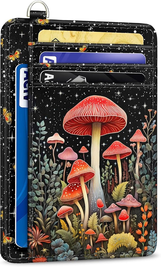 Yonlevres Mushroom Credit Card Holder Slim Wallet, RFID Wallet Women Front Pocket Small Card Holder, Travel Funny Cute Thin Card Case with ID Window PU Leather RFID Blocking Card Organizer Gifts Girls