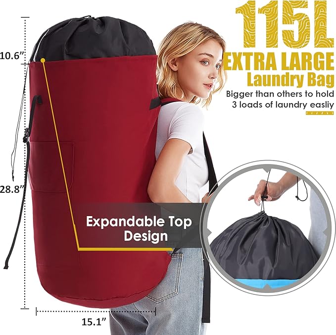 Backpack Laundry Bag, 115L Heavy Duty Extra Large College Laundry Backpack, Dirty Clothes Bag with Shoulder Straps, Laundry Hamper Bag with Drawstring Closure for College Dorm, Apartment Red