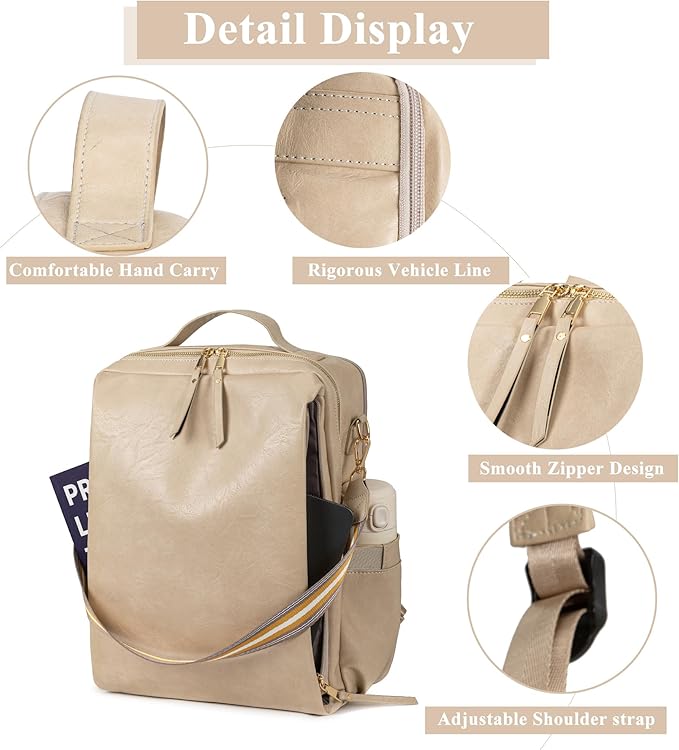 myfriday PU Leather Large Backpack Purse for Women Casual Travel Backpack Convertible Satchel Handbags With Luggage Strap (Biege)
