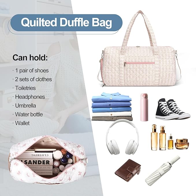 Gym Bag for Women, Cute Duffle Bag, Quilted Duffle Bag for Travel, Floral Duffle Bags, Weekend Bag with Zipper Pocket Dance Bag Organizer