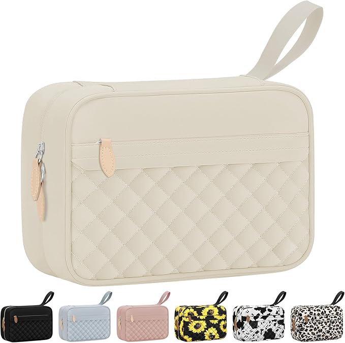 Travel Toiletry Bag for Women with Hanging Hook, Waterproof TSA Approved Cometic Toiletry Bag Organizers Leakproof Make up Bags for Women Beige