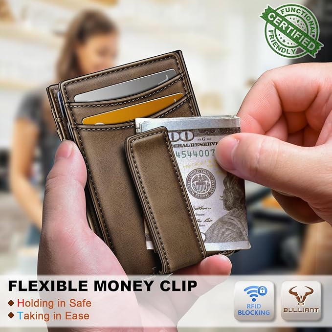 BULLIANT Magnetic Closure Slim Wallet-Genuine Leather Front Pocket Wallet for Men,RFID Blocking,Holds 12 Cards and Money Clip