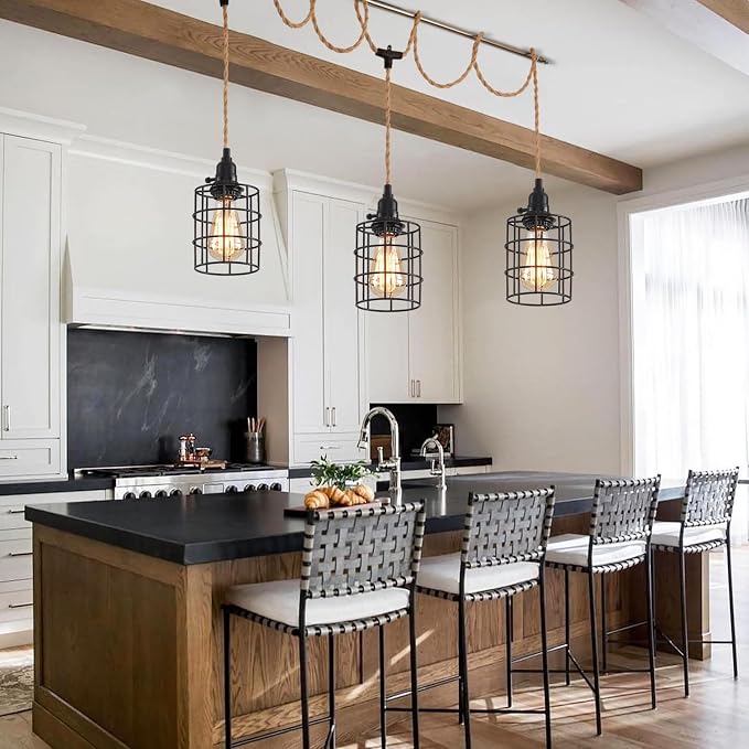3-Light Hanging Light with Plug in Cord,Plug in Pendant Light 22ft Hemp Rope Pendant Lighting Vintage 3-Light Hanging Lamp Fixtures for Kitchen Island Living Room Bedroom