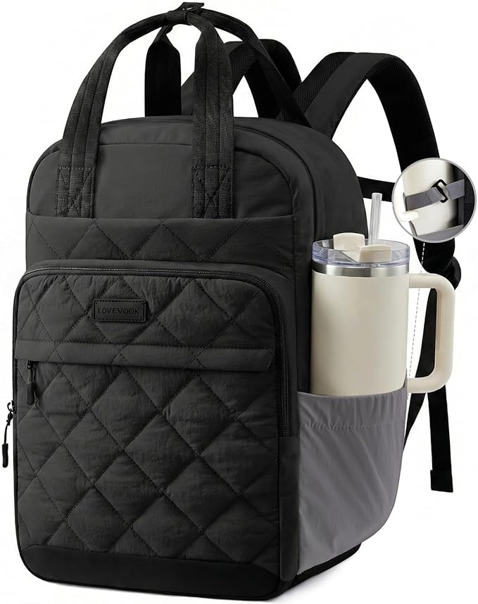 LOVEVOOK Puffer Backpack for Women Fits 15.6 Inch Laptop, Quilted Travel Backpacks Purse with Large Cup Holder, Teacher Computer Work Bags College Shool Bookbag, Puffy Carry On Personal Item Bag