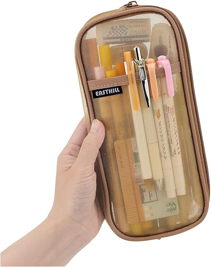 EASTHILL Grid Mesh Pen Pencil Case with Zipper Clear Makeup Color Pouch Cosmetics Bag Multi-Purpose Travel School Teen Girls Transparent Stationary Bag Office Organizer Box for Adluts(Khaki)