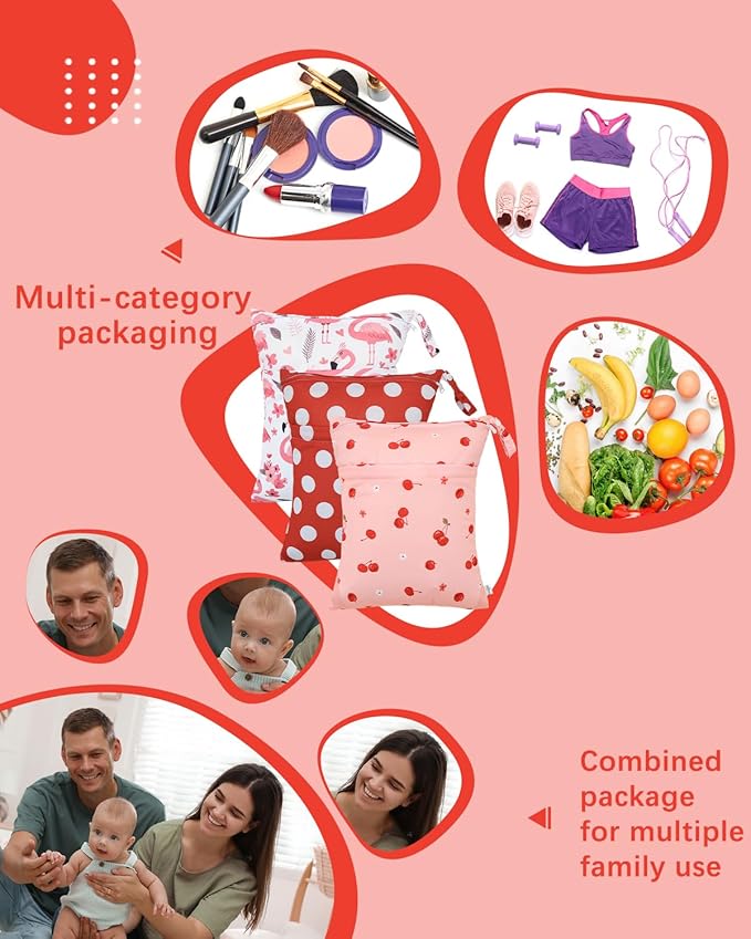 babygoal Wet Dry Bags 3 Pack, Waterproof Travel Bags for Swimsuits, Beach, Pool, Gym,Food Storage and Wet Clothes(Cherry,Flamingo,Polka Dot),3LN42-B