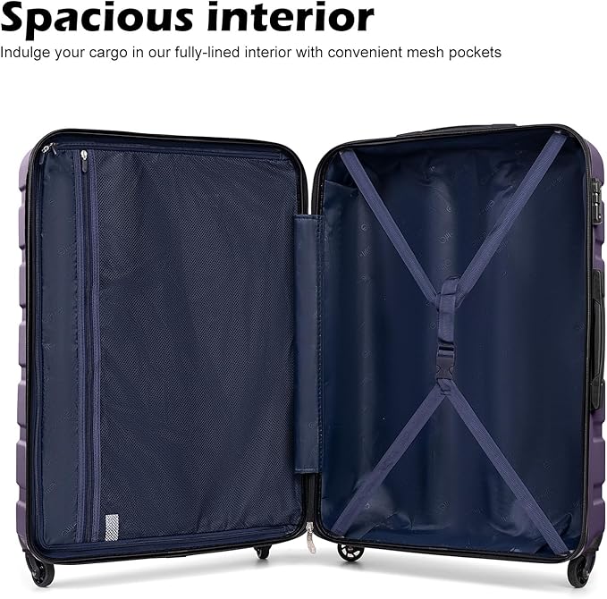 Coolife Luggage 3 Piece Set, Lightweight Durable Hardshell Suitcase set with 360° Spinner Wheels, TSA-approved Lock, Checked Family Travel Luggage sets, 20/24/28 Inch, Purple