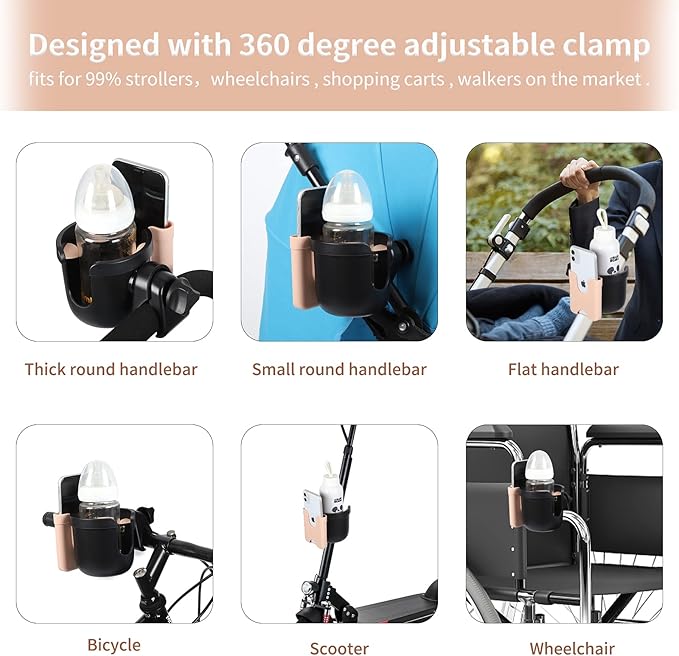 Accmor Stroller Cup Holder with Phone Holder, Bike Cup Holder, Universal Cup Holder for Uppababy Nuna Doona Strollers, 2-in-1 Cup Phone Holder for Stroller Bike Wheelchair Walker Accessory