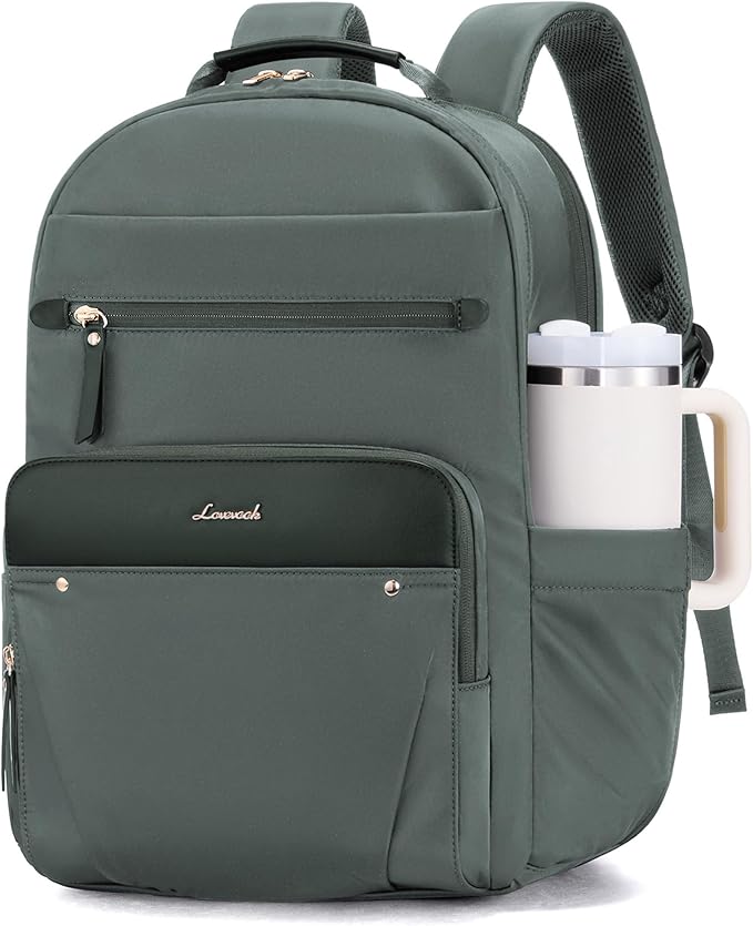 LOVEVOOK Laptop Backpack for Women with Leather Trim & Tumbler Pockets, 17.3" Work Backpack Purse, Travel Personal Item Bag, Carry On Business Computer Bag for Office, School, or Gift, Sage Green