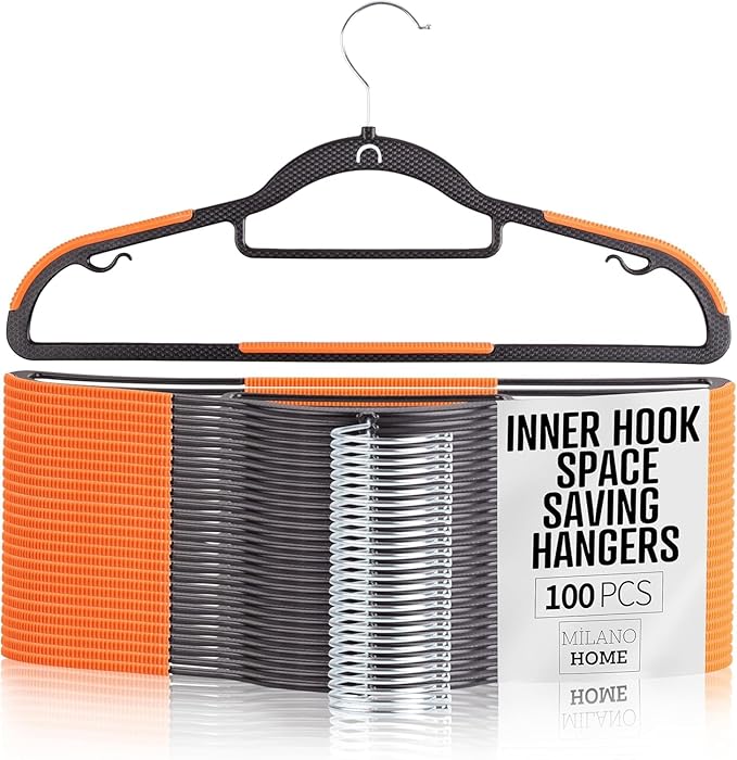 Plastic Hangers 100 Pack, Cascading Slim Space Saving Clothing Hangers with 360° Rotating Hook, Non Slip Clothes Hangers for Sweater Shirt, Heavy Duty Coat Hanger with Inner Hook for Closet, Black