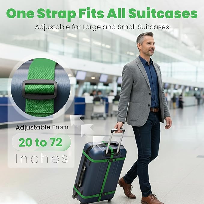 Luggage Straps for Suitcases, Adjustable Travel Suitcase Belts with Buckle Closure, Designed for Carry-On and Checked Luggage, Reusable Travel Accessory, Green - Pack of 2