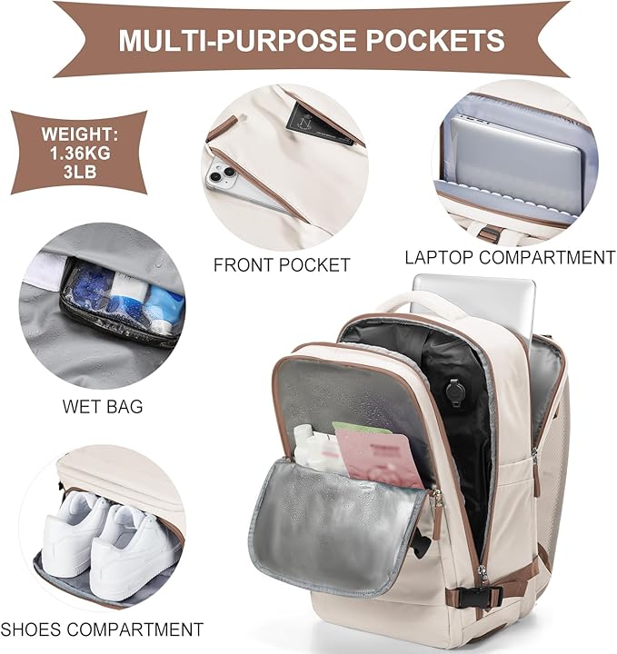 coowoz Vacuum Backpack Travel with Pump,Travel Backpack with Vacuum System For Women Men,Carry On Backpack,Hiking Backpack Waterproof Outdoor Sports Rucksack Daypack,30L(Vacuum pump) Beige Brown