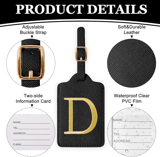 Personalized Initial Luggage Tags for Suitcases,Leather Letter Cute Luggage Tags with Privacy Name Card,Embroidered Monogrammed Travel Bag Backpack Tag Gifts for Women Kids Girls Teens(Black-D)