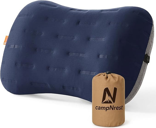 Inflatable Camping Pillow - Ultralight Compact Air Pillow for Travel, Backpacking & Hiking - Ergonomic Neck & Lumbar Support - Portable Inflatable Pillow with Removable Washable Cover - (Navy Blue)