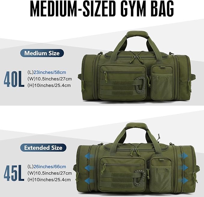 3 in 1 Tactical Travel Duffle Bag Backpack for Men Women 40-45L Expandable Gym Bag & Sport Duffel Bags for Travel with Shoe Compartment & Wet Pocket, Weekend Overnight bag for Caming, Green