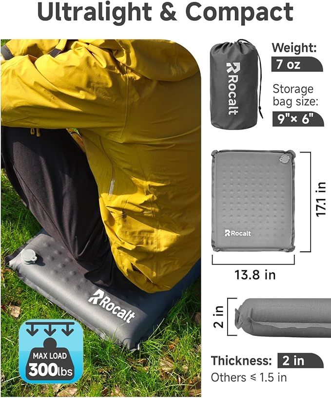 Rocalt Inflatable Seat Cushion, Self-Inflating Memory Foam Airplane Seats Cushion, Portable Air-Foam Stadium Cushion, Lightweight & Compact Bleacher Seat Cushion for Sports Events